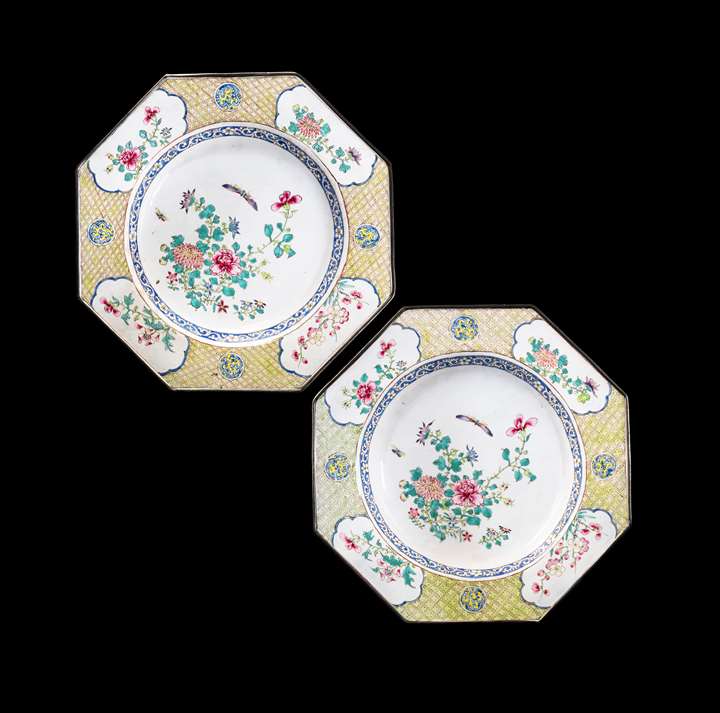 GG: Pair of Painted Enamel on Copper plates, with flowers